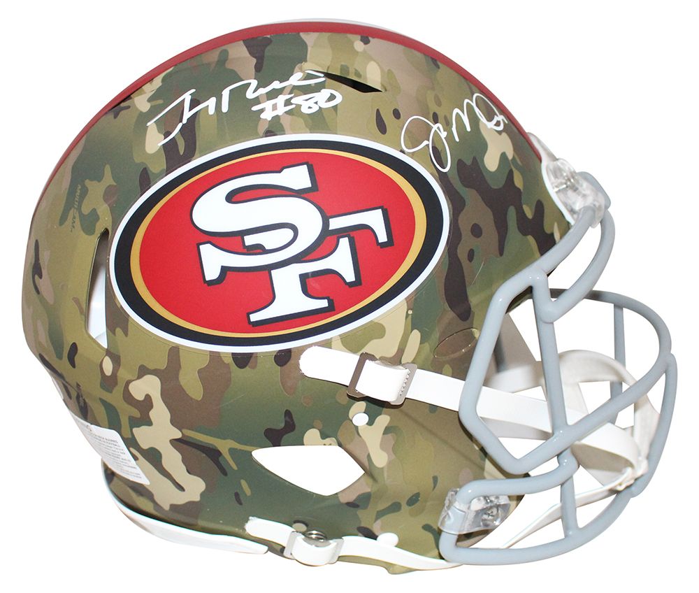 Joe Montana &amp; Jerry Rice Autographed 49ers Authentic Camo Helmet BAS