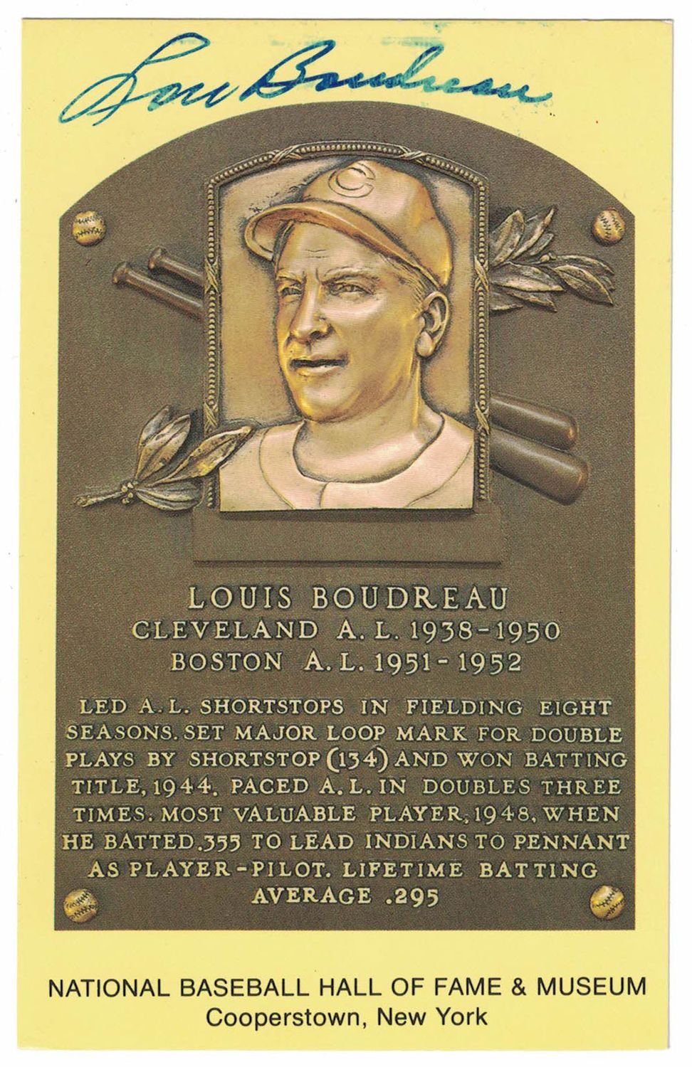 Lou Boudreau Autographed Cleveland Indians Hall Of Fame Plaque Postcard BAS