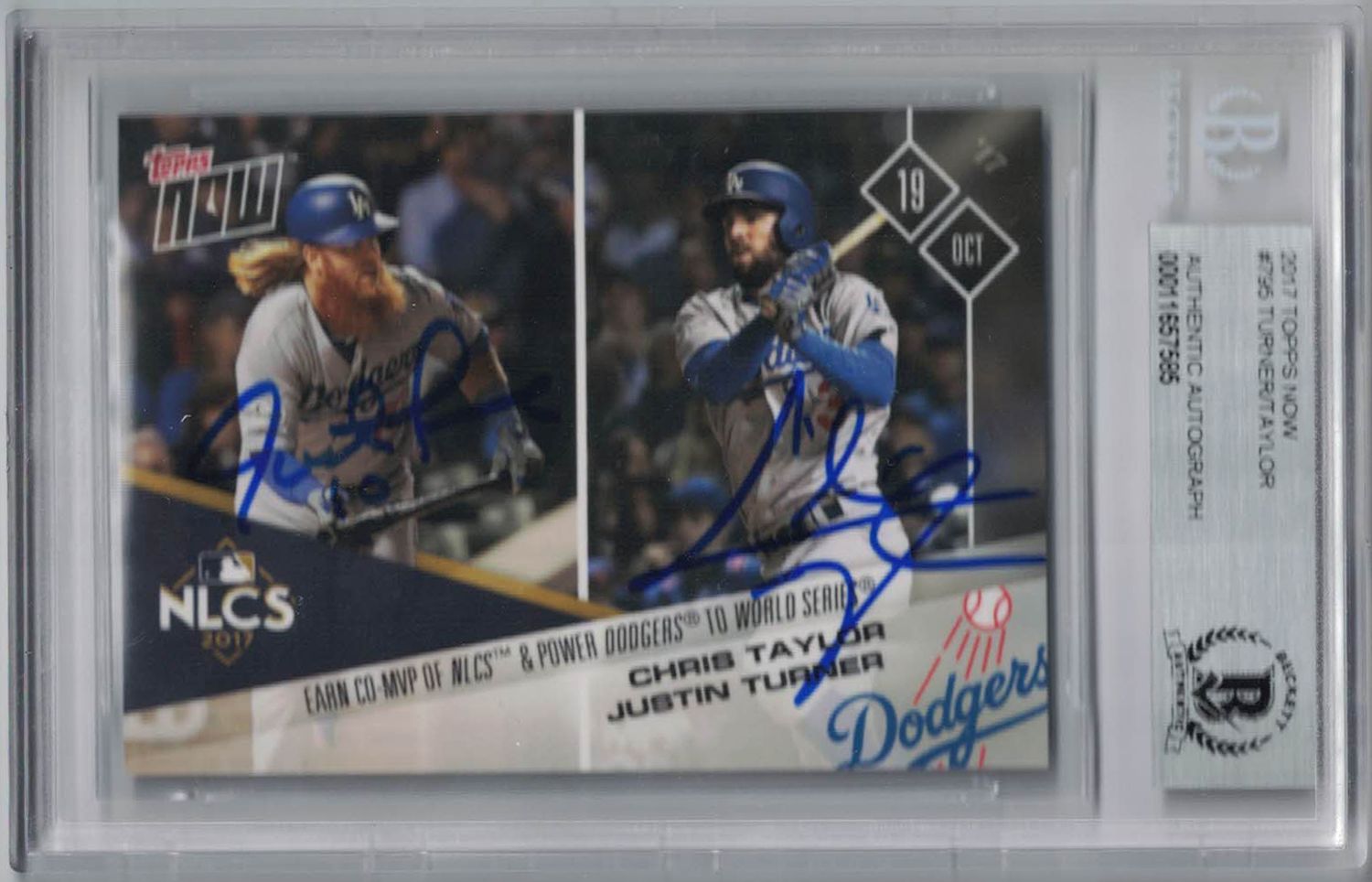 Justin Turner &amp; Chris Taylor Signed Dodgers 2017 Topps Now Card BAS Slab