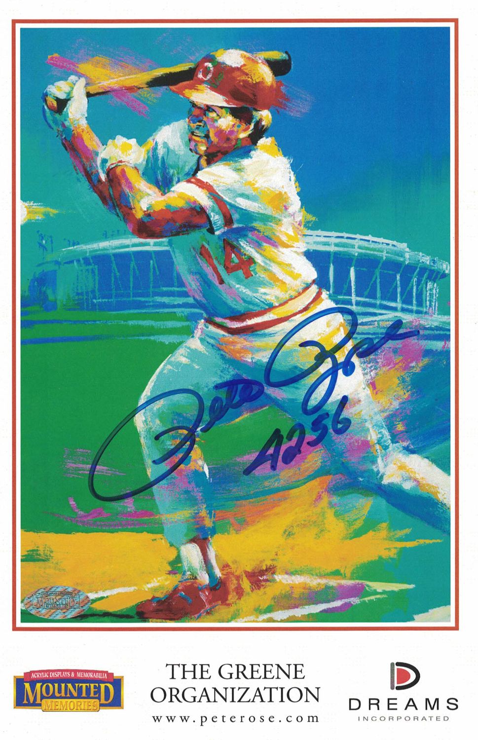 Pete Rose Autographed/Signed Cincinnati Reds Painted Art Stat Card MM