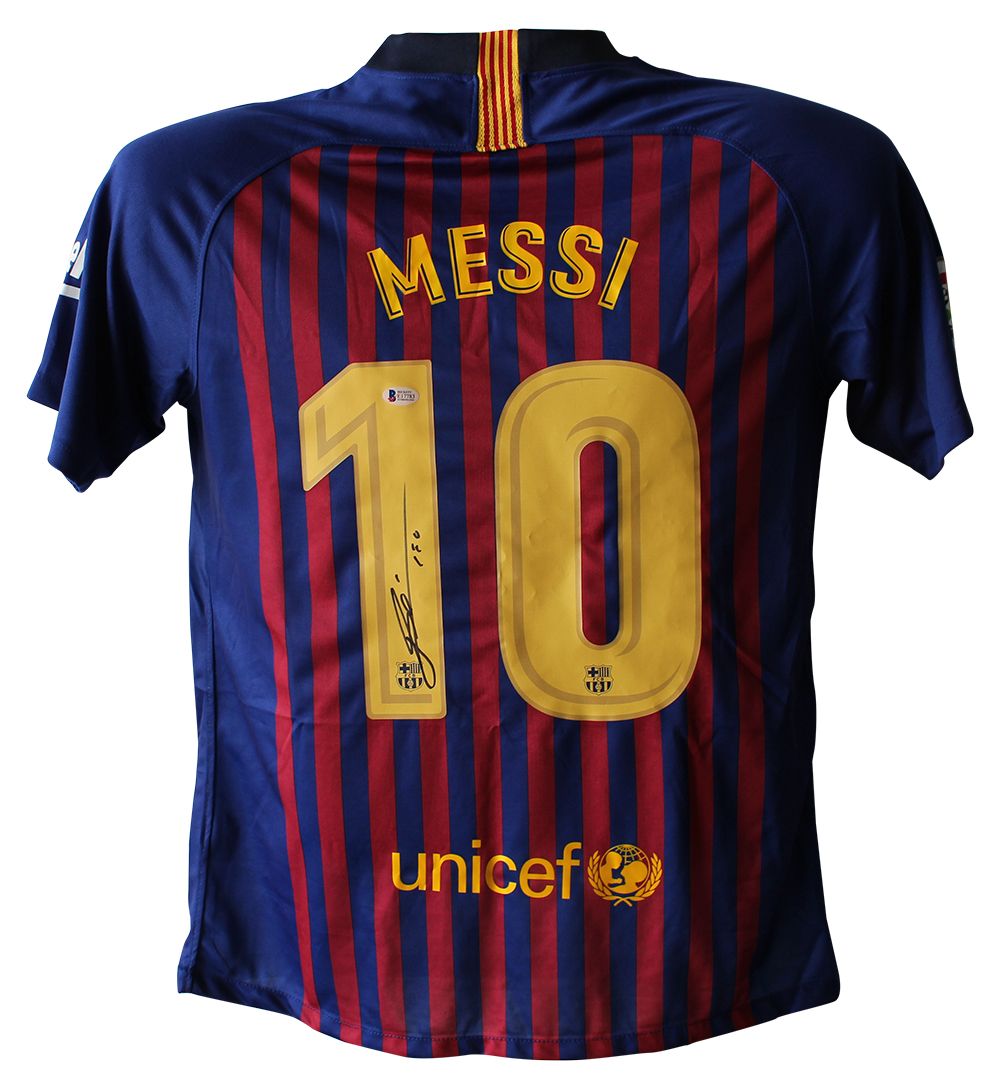 Lionel Messi Autographed/Signed FC Barcelona Home Blue XL Jersey BAS