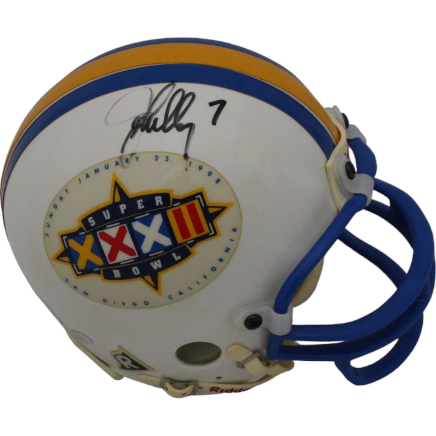 John Elway Signed Denver Broncos SB XXXII Replica Mini Helmet As Is BAS 44725