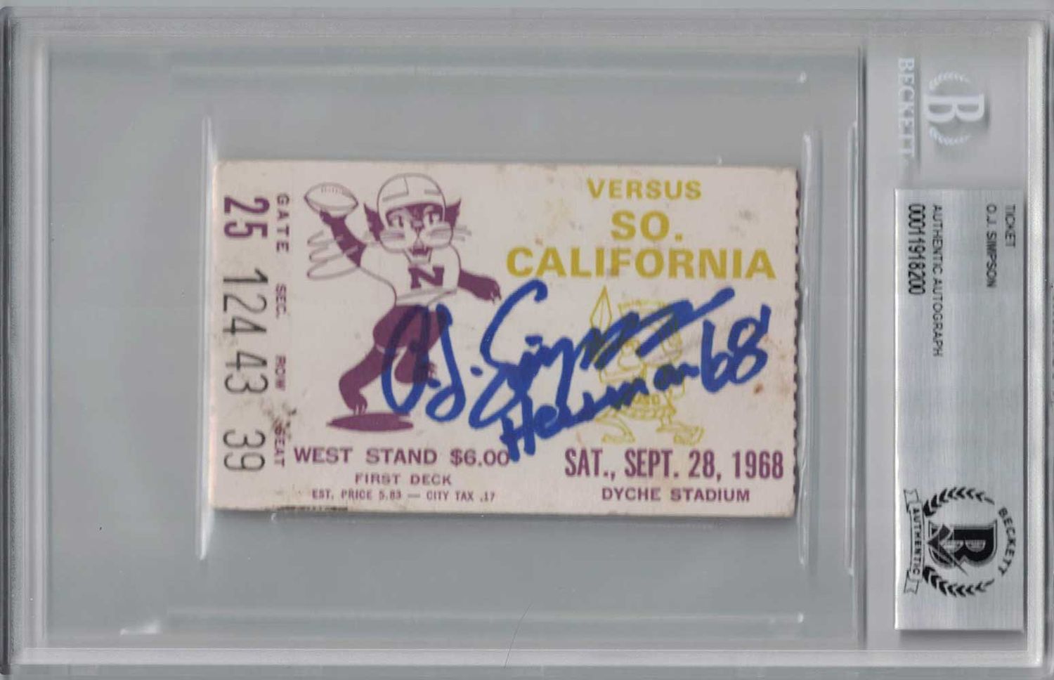 O.J. Simpson Signed 1968 USC Trojans vs Northwestern Ticket Seat 39 BAS