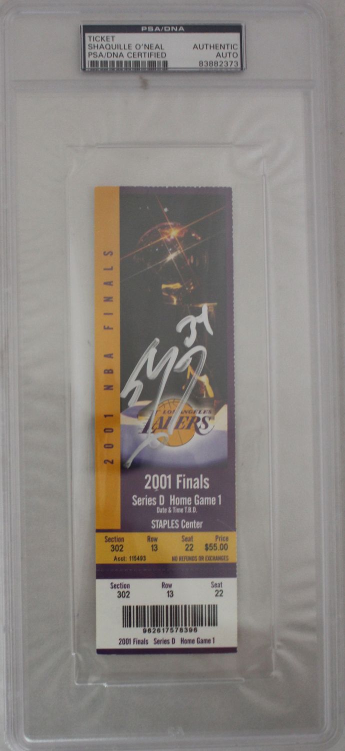 Shaquille O&#39;neal Signed Los Angeles Lakers 2001 NBA Finals Ticket PSA Slab