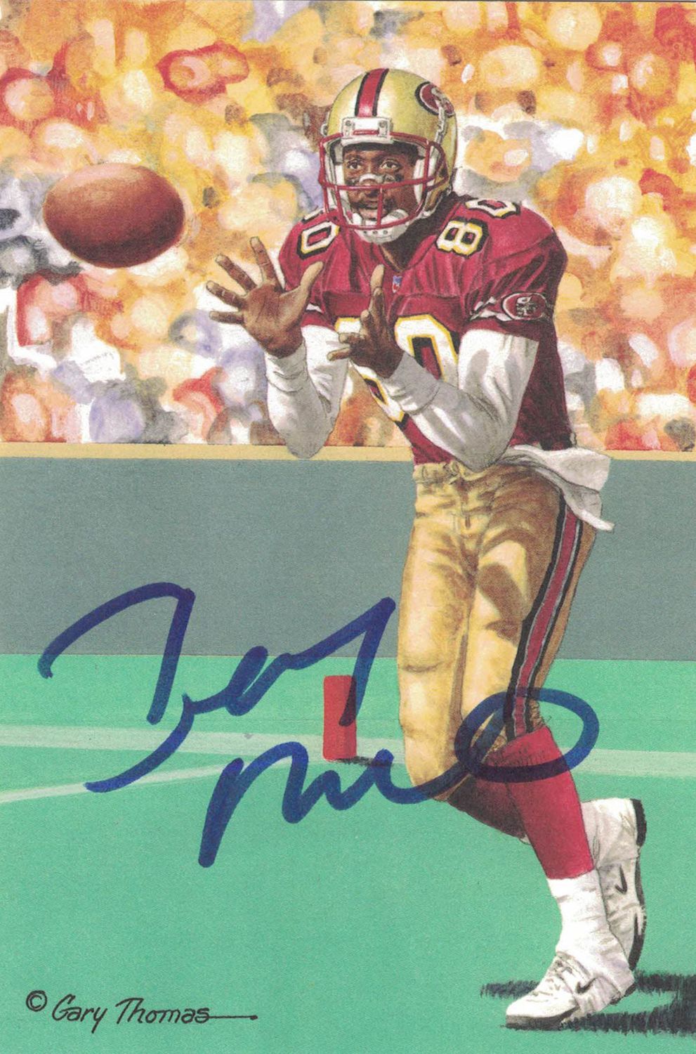 Jerry Rice Autographed/Signed San Francisco 49ers Goal Line Art Card Blue BAS