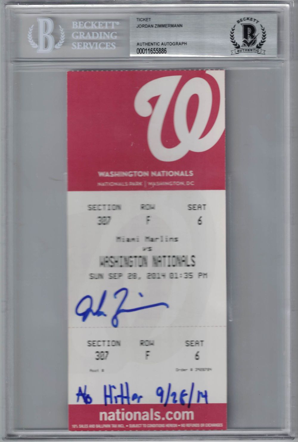 Jordan Zimmerman Signed Washington Nationals Ticket No Hitter BAS Slab