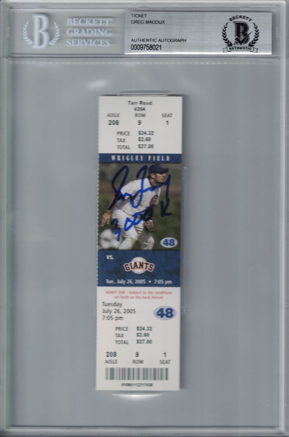Greg Maddux Autographed/Signed Chicago Cubs Ticket 3000 K BAS Slab