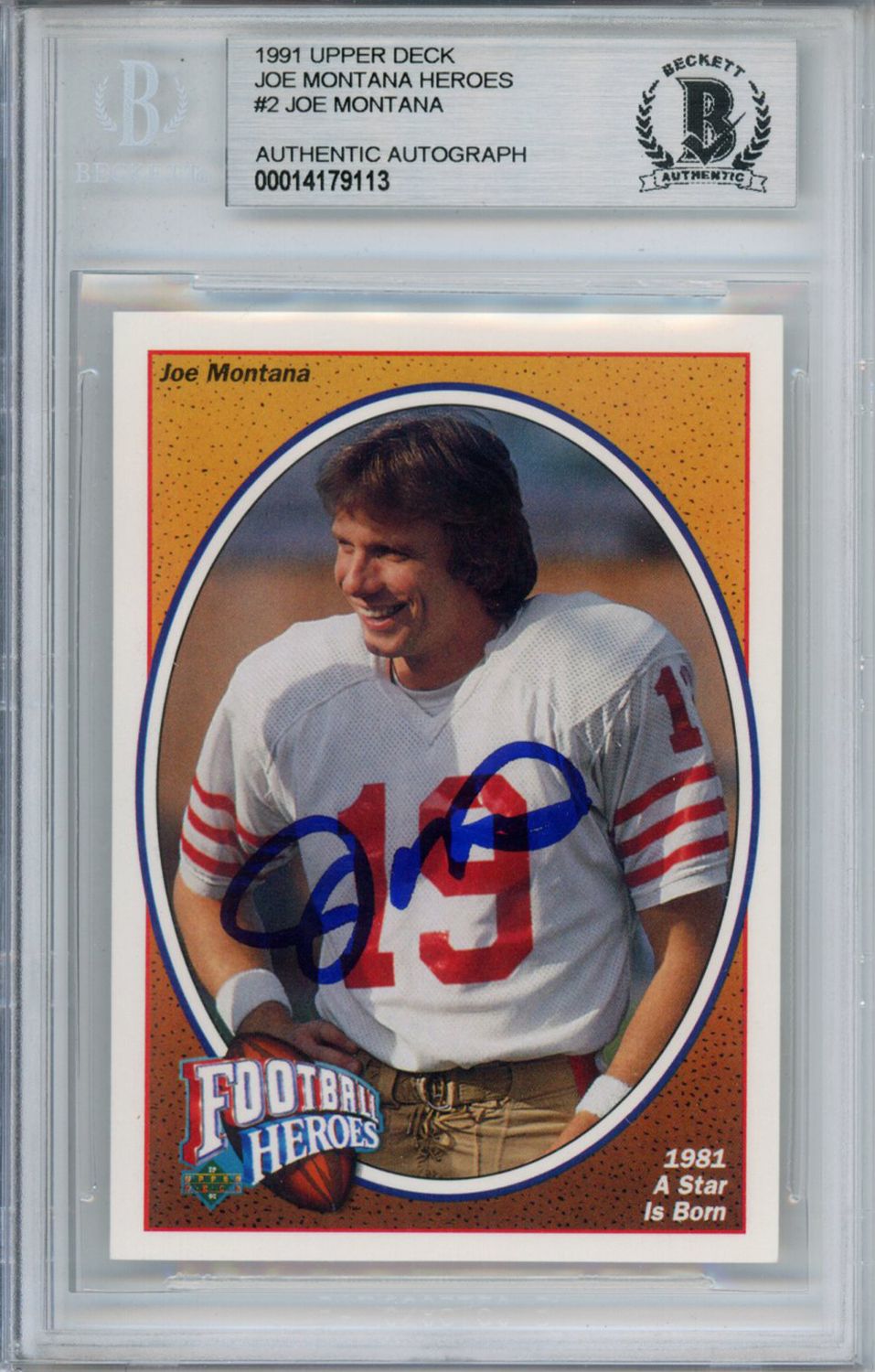 Joe Montana Signed 1991 Upper Deck Heroes 2/9 Trading Card Beckett Slab
