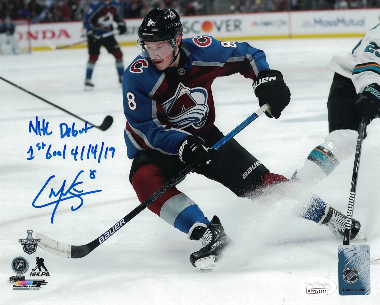 Cale Makar Autographed Colorado Avalanche 8x10 Photo NHL Debut &amp; Goal JSA