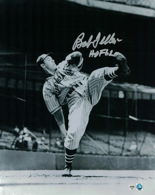 Bob Feller Autographed Cleveland Indians 8x10 Photo Leg Kick HOF MLB