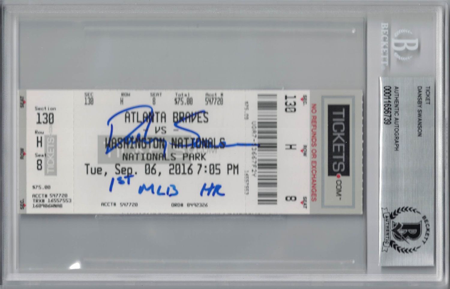 Dansby Swanson Autographed Atlanta Braves Ticket 1st MLB HR BAS Slab