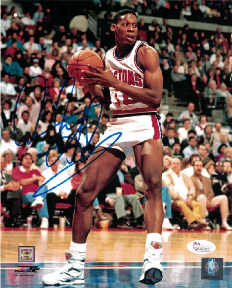 Dennis Rodman Autographed Detroit Pistons 8x10 Photo in Blue JSA