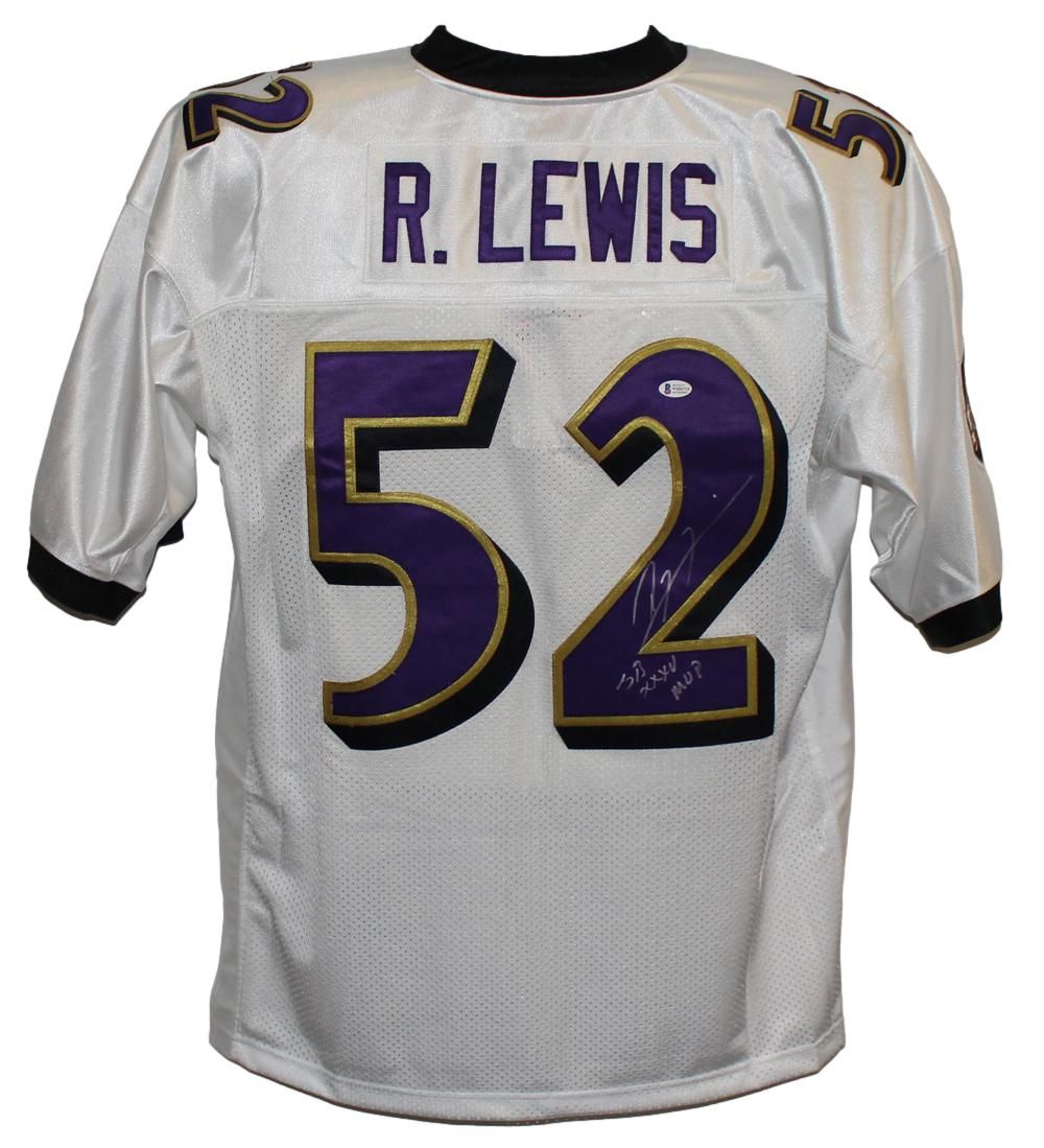 Ray Lewis Autographed Baltimore Ravens M&amp;N White XL Jersey MVP BAS