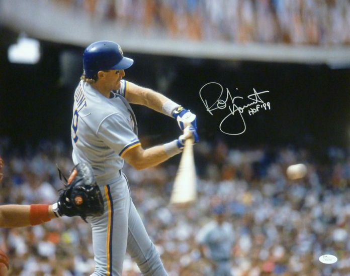 Robin Yount Autographed Milwaukee Brewers grey uniform 16x20 photo w/HOF 99