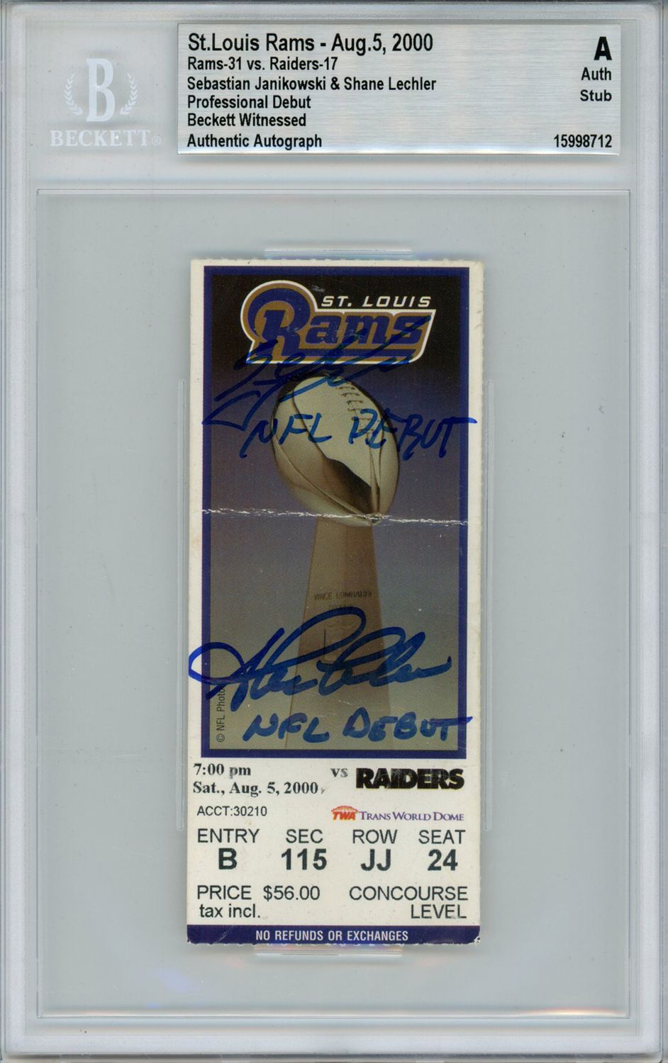 Sebastian Janikowski &amp; Shane Lechler Signed Ticket NFL Debut BAS Slab