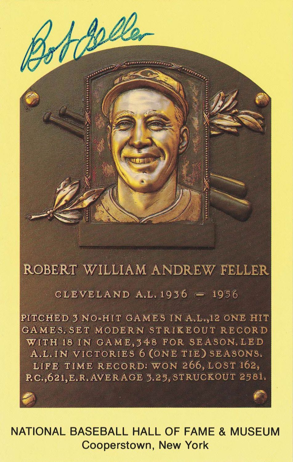 Bob Feller Autographed/Signed Cleveland Indians Hall Of Fame Postcard