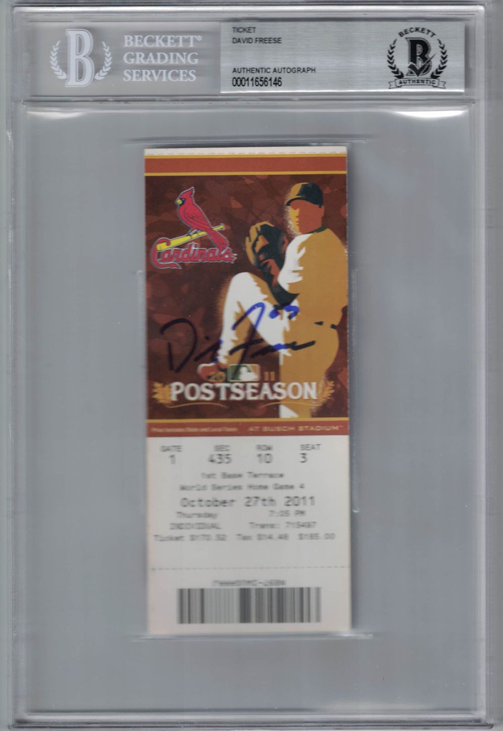 David Freese Autographed/Signed 2011 World Series Game 7 Ticket BAS Slab