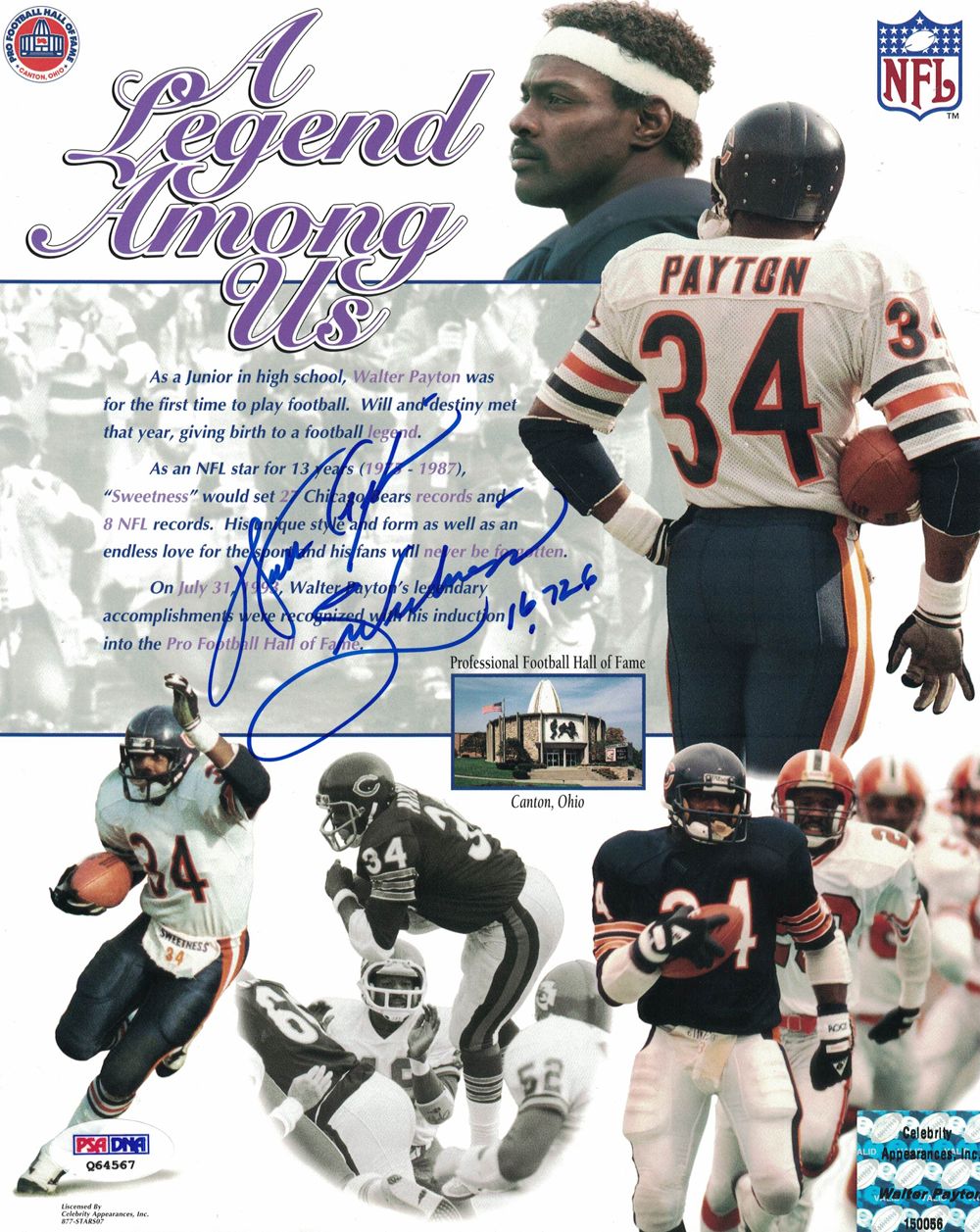 Walter Payton Autographed Chicago Bears 8x10 Photo Sweetness 16,726 PSA