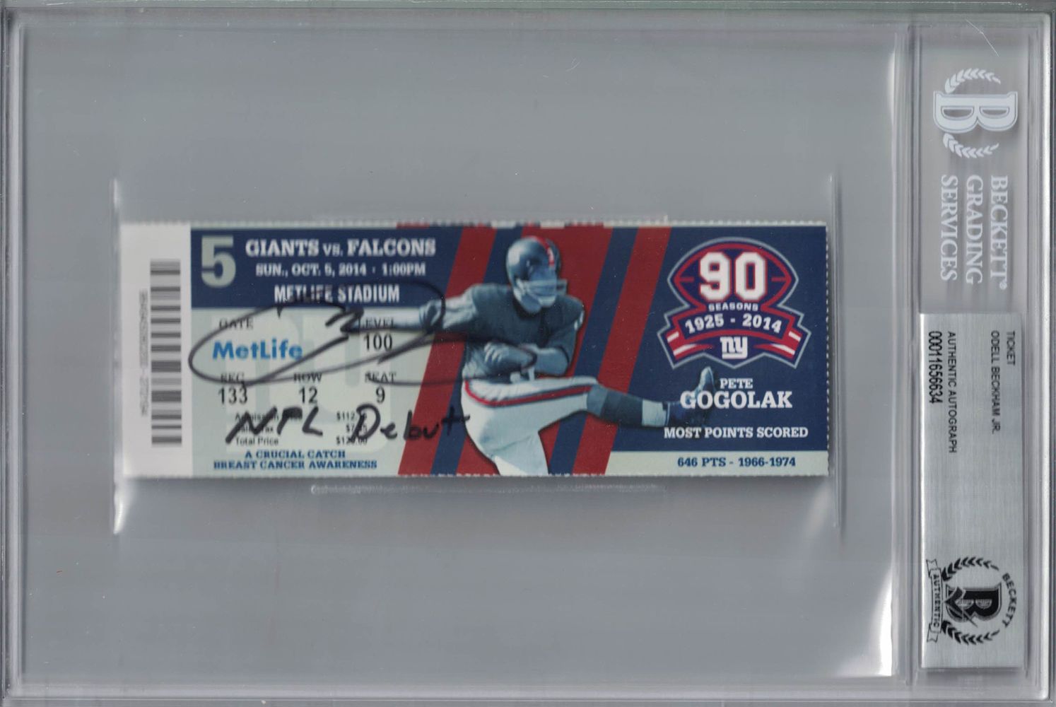 Odell Beckham Jr Autographed New York Giants Ticket NFL Debut BAS Slab