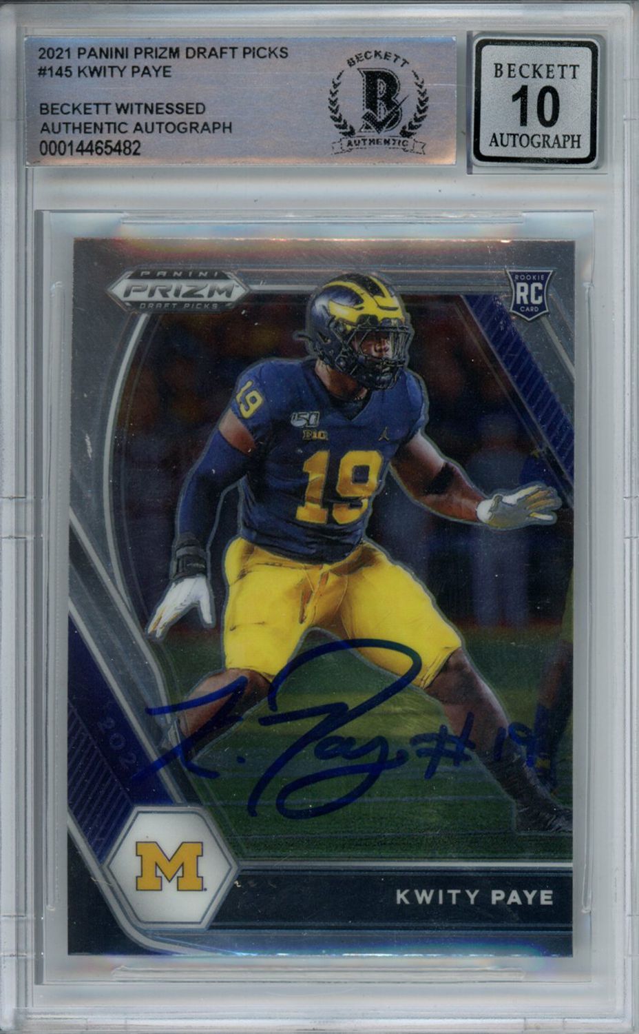 Kwity Paye Signed 2021 Panini Prizm Draft Picks #145 Rookie Card BAS 10 Slab