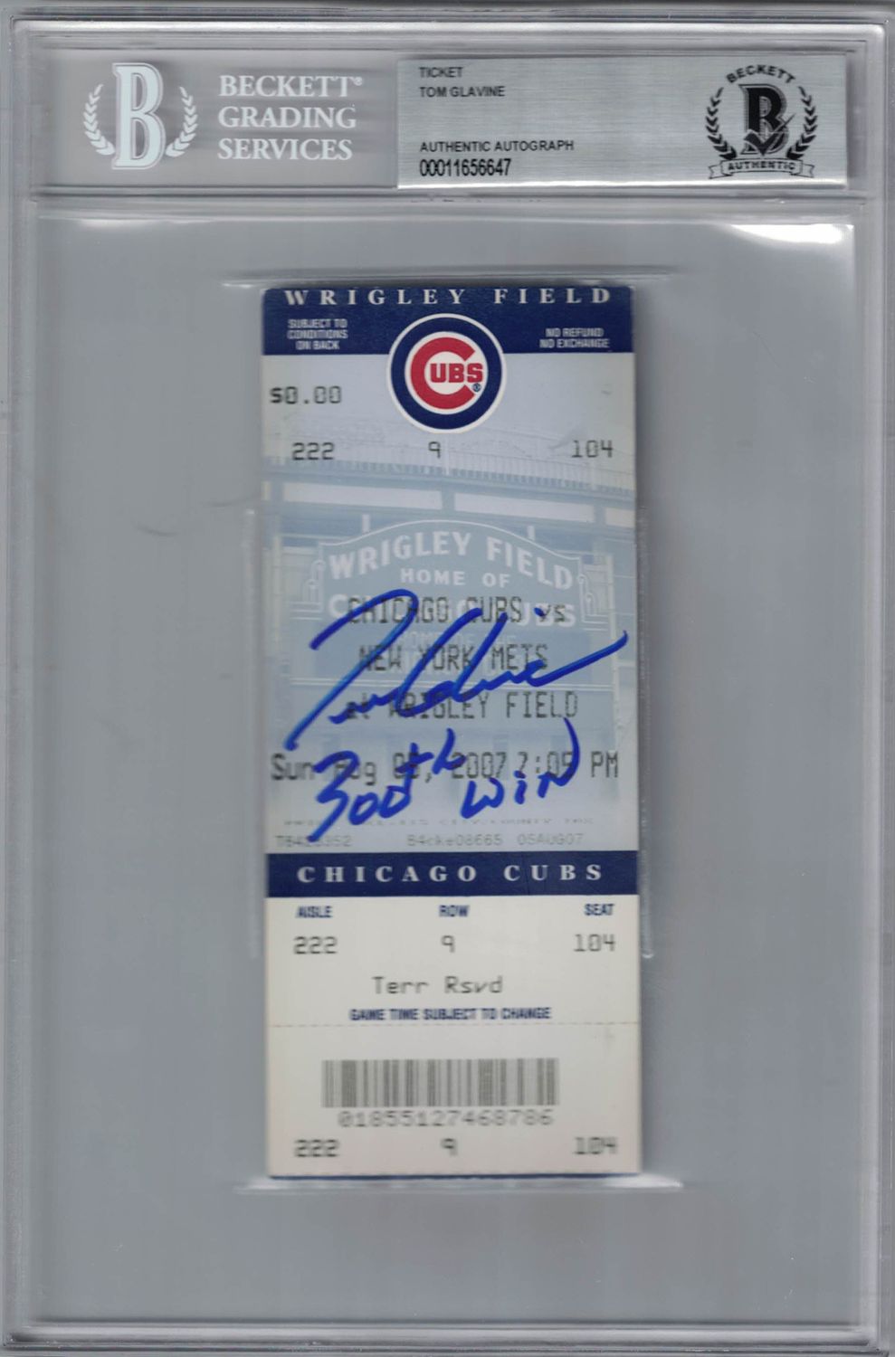 Tom Glavine Autographed/Signed Chicago Cubs Ticket 300th Win BAS Slab