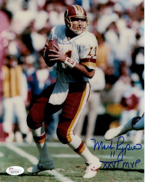 Mark Rypien Autographed Washington Redskins 8x10 Photo (Drop Back White) JSA