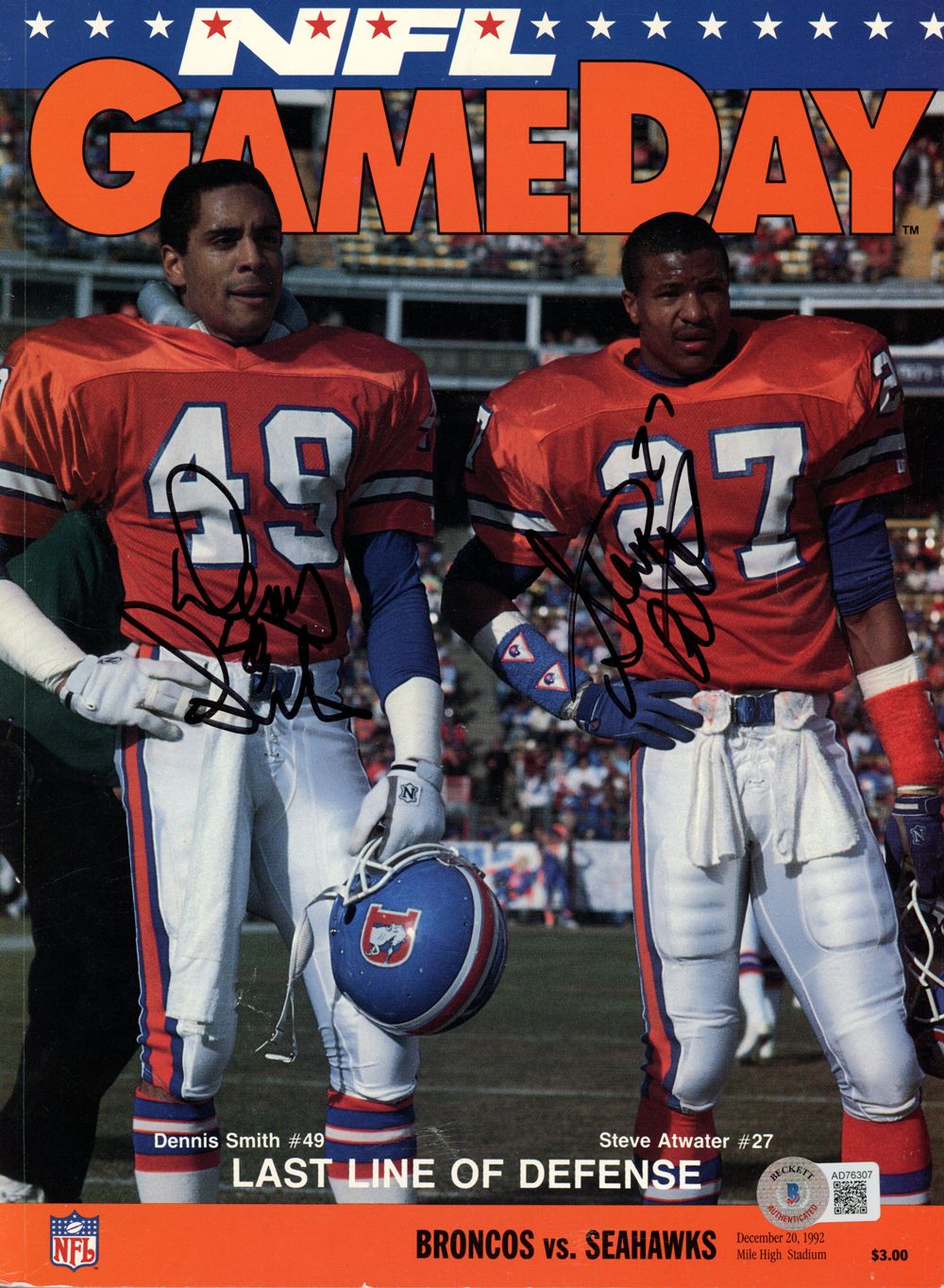 Steve Atwater &amp; Dennis Smith Signed 12/20/1992 Gameday Magazine BAS 44374