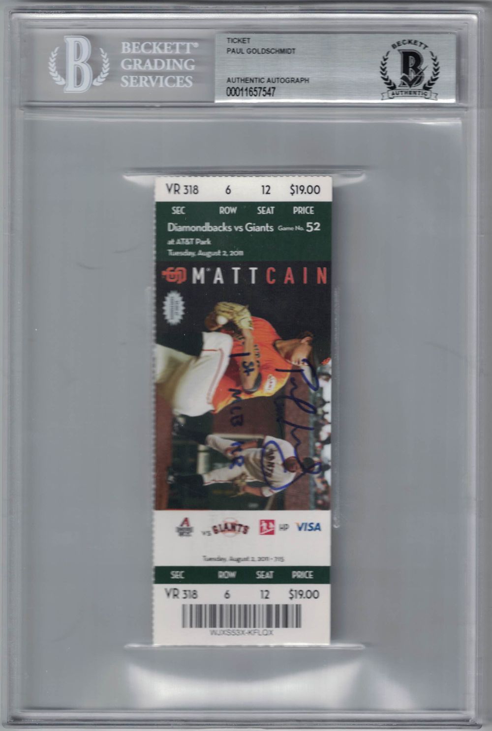 Paul Goldschmidt Signed Arizona Diamondbacks Ticket 1st MLB HR BAS Slab