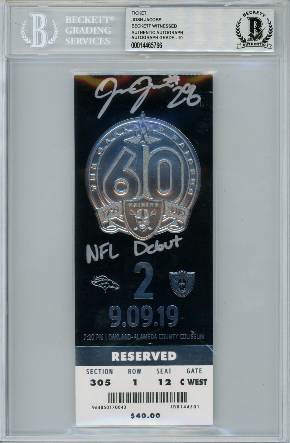 Josh Jacobs Signed Raiders 9/9/2019 Ticket Stub NFL Sebut Beckett Slab