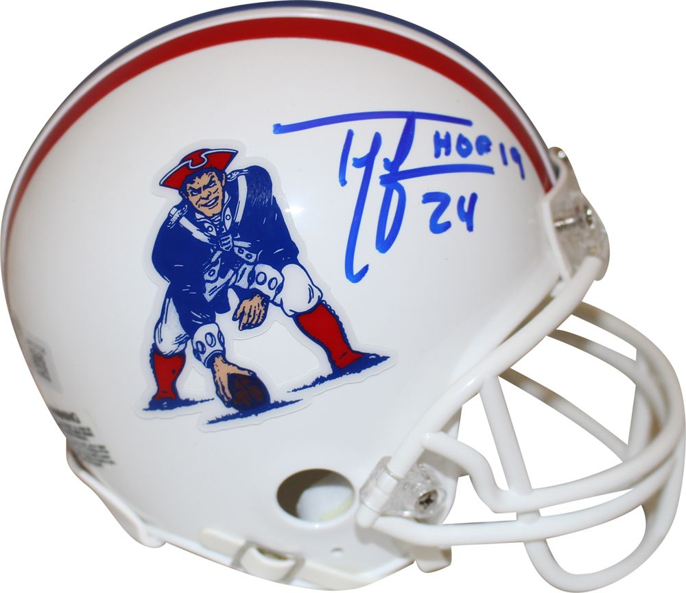 Ty Law Autographed New England Patriots VSR4 TB &#39;82-&#39;89 Mini Helmet BAS