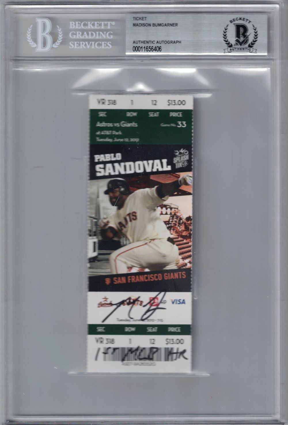 Madison Bumgarner Signed San Francisco Giants Ticket 1st MLB HR BAS Slab