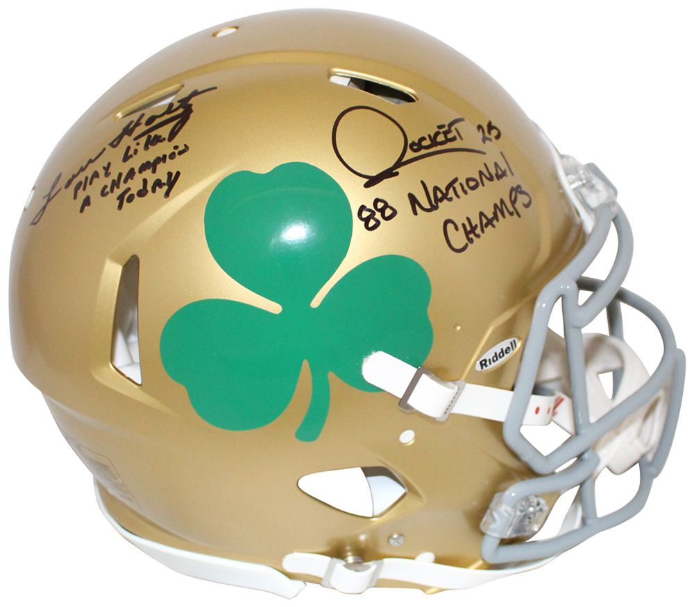 Lou Holtz &amp; Rocket Ismail Signed Notre Dame Authentic Shamrock Helmet BAS