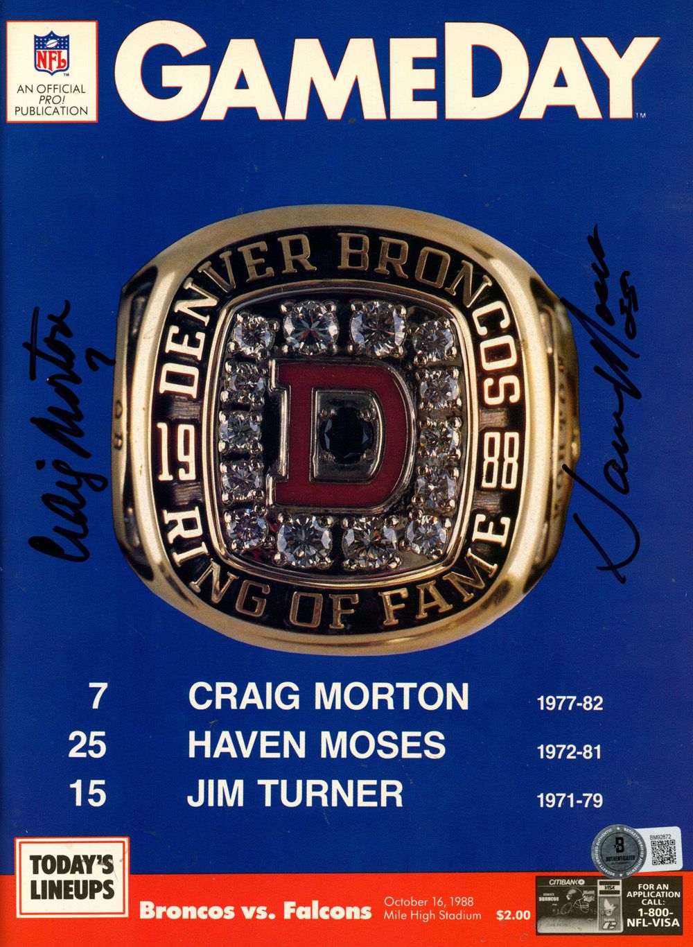 Craig Morton &amp; Haven Moses Signed 10/16/88 Gameday Magazine BAS 45492