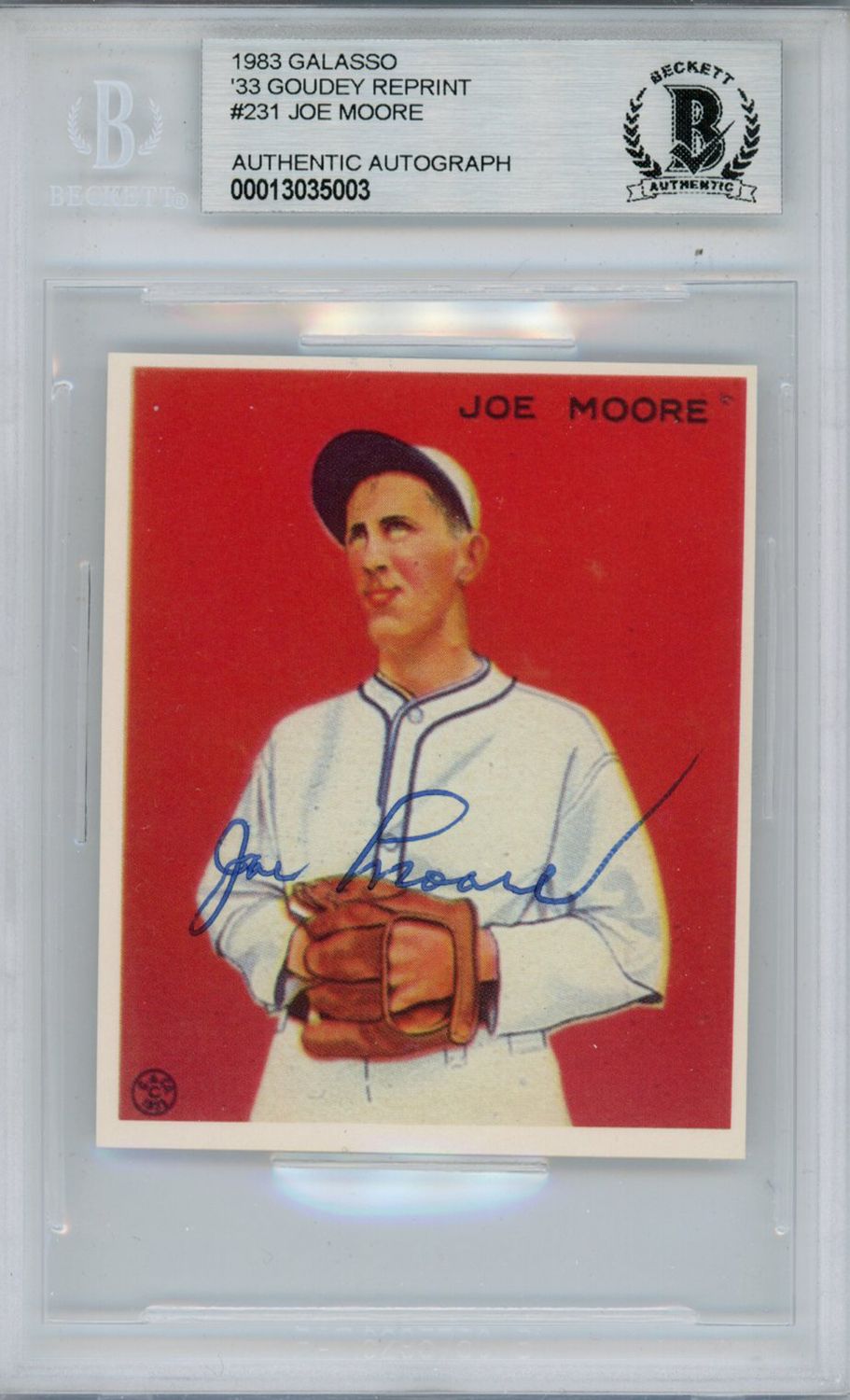 Joe Moore Signed 1983 Galasso &#39;33 Goudey Reprint #231 Card Beckett Slab