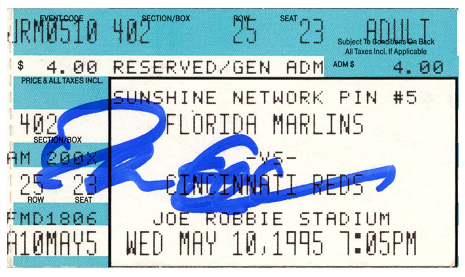 Deion Sanders Signed Cincinnati Reds 5/10/1995 @ Marlins Ticket BAS