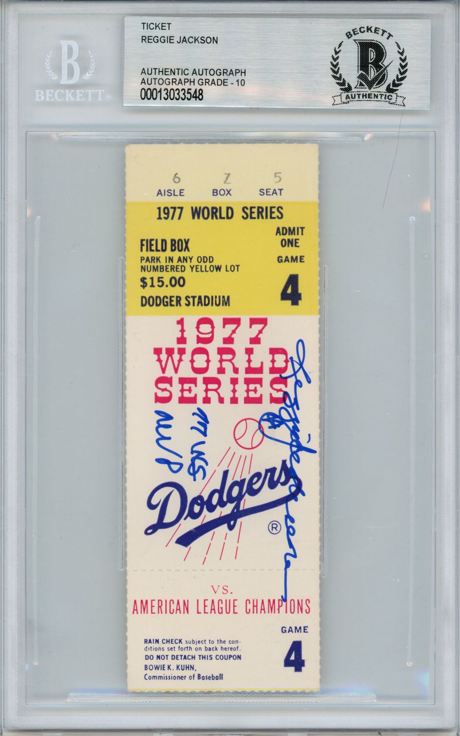 Reggie Jackson Signed 1977 World Series Game 4 Ticket Stub MVP BAS Slab