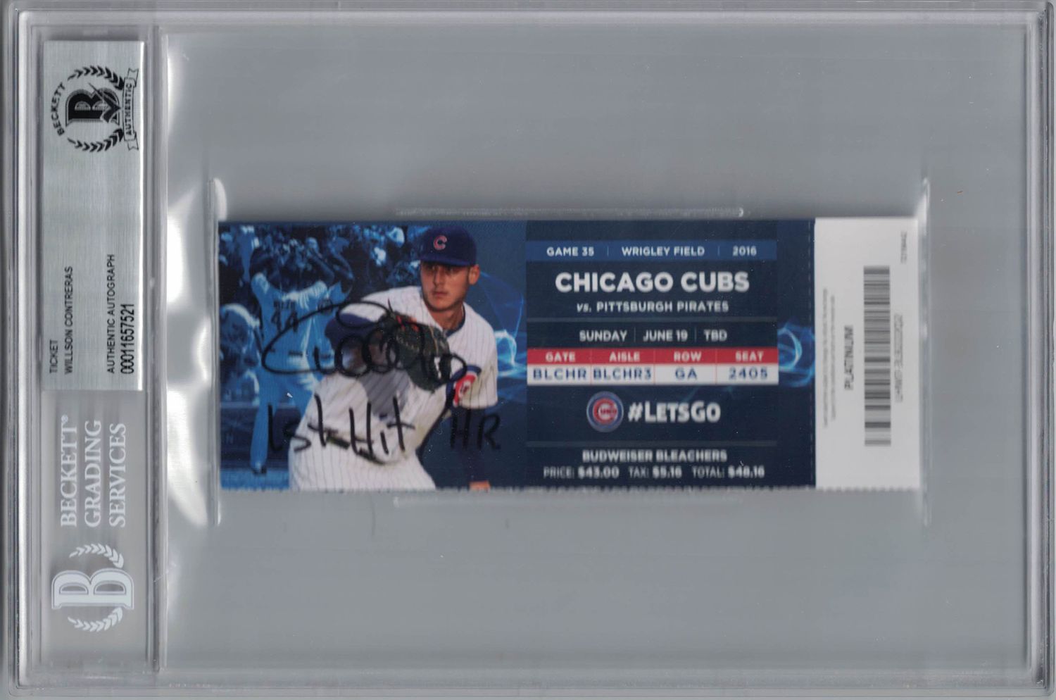 Wilson Contreras Autographed Chicago Cubs Ticket 1st Hit &amp; HR BAS Slab