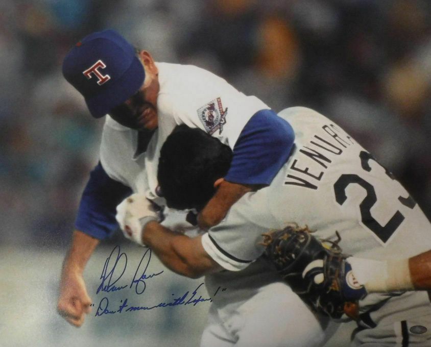 Nolan Ryan Autographed Texas Rangers 16x20 Photo (Fight) (INSC) DA