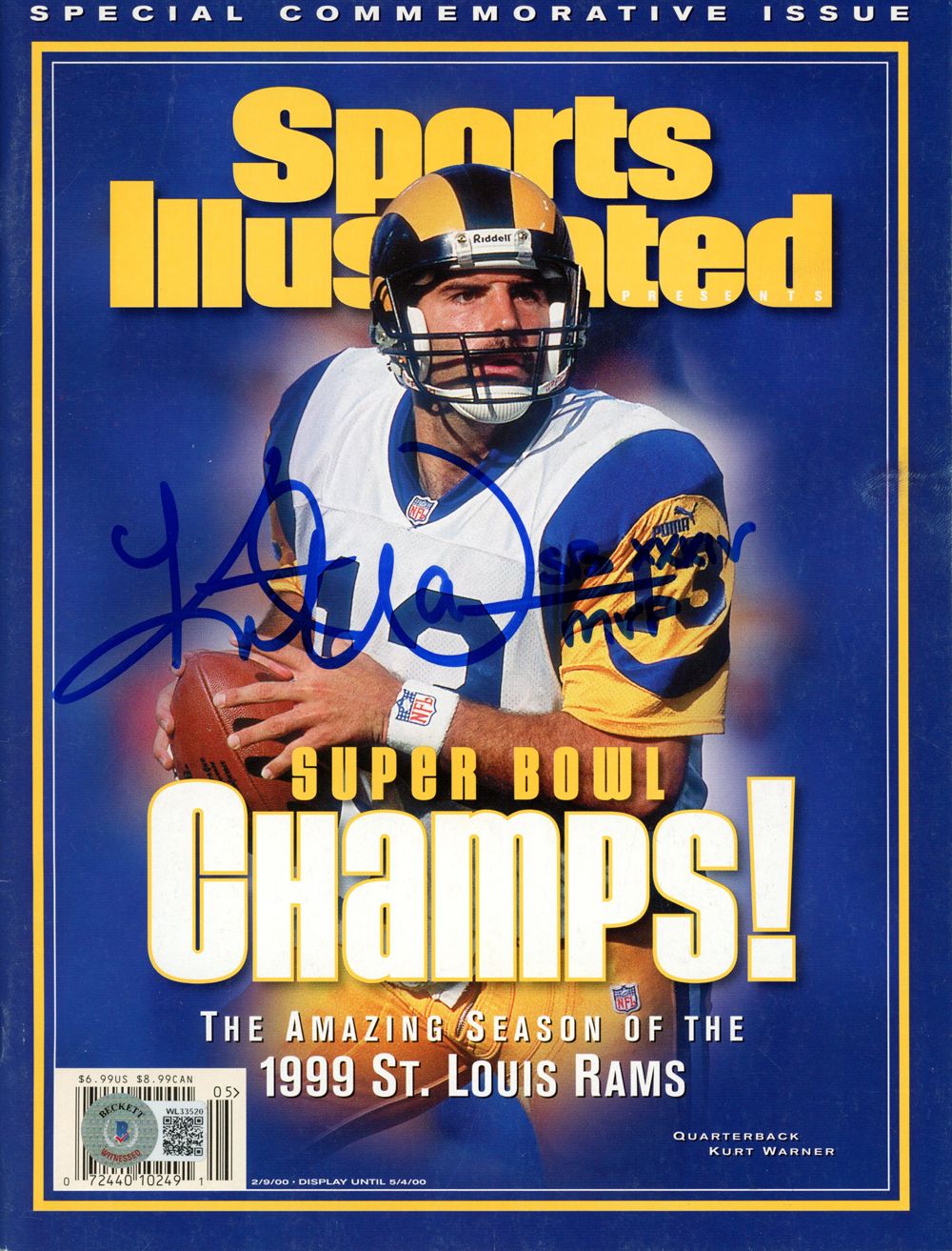 Kurt Warner Signed Sports Illustrated 1999 Super Bowl Champs Beckett