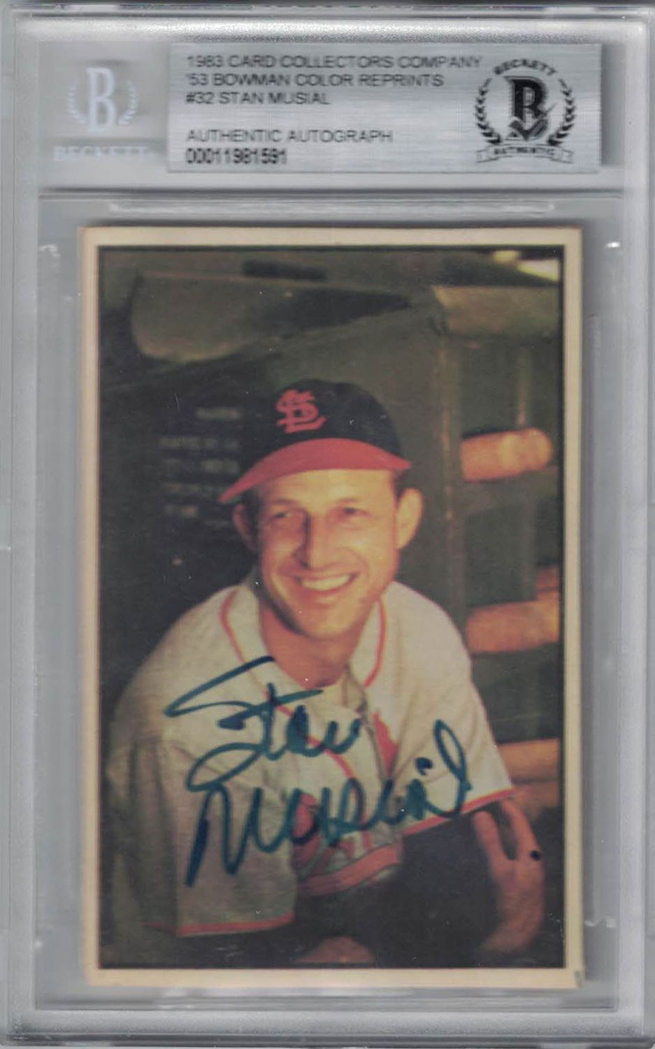 Stan Musial Signed St Louis Cardinals 1953 Bowman Color Reprint Card BAS