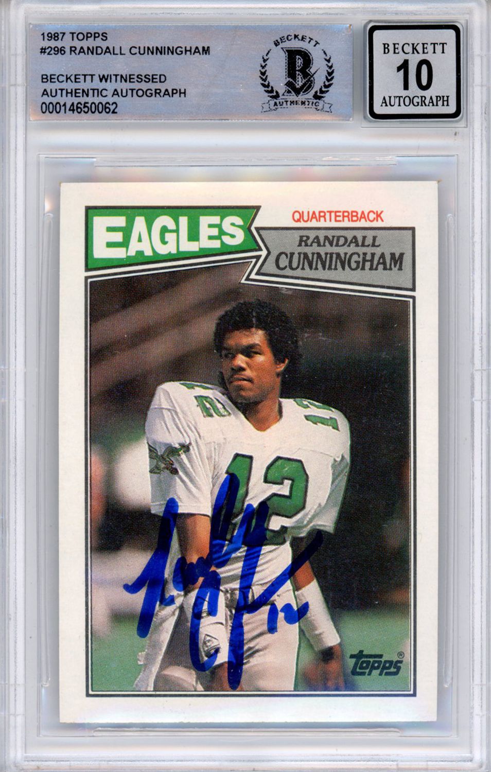 Randall Cunningham Signed 1987 Topps #296 Trading Card Beckett Slab