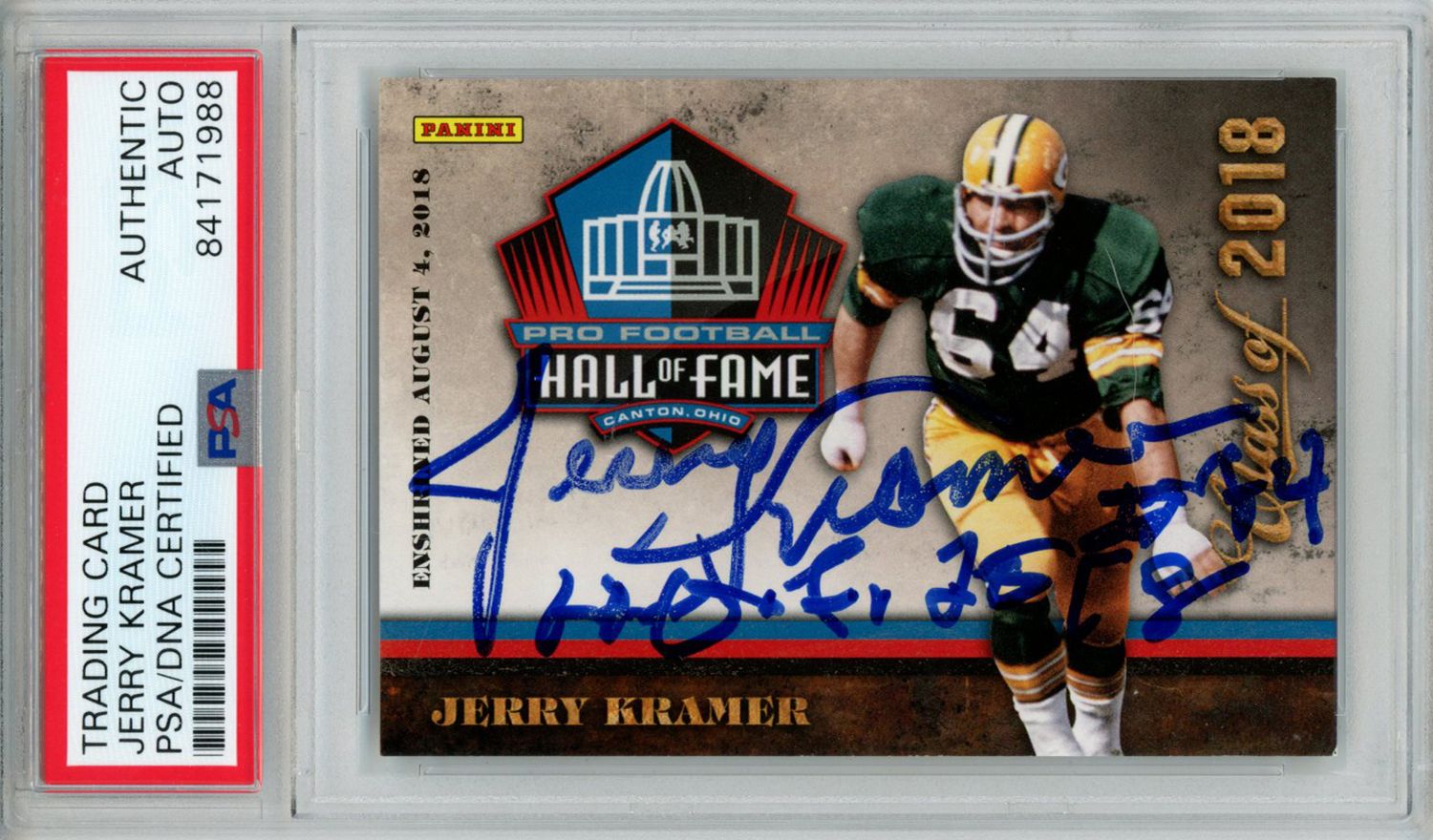 Jerry Kramer Autographed/Signed 2018 Panini #6 Trading Card HOF PSA Slab