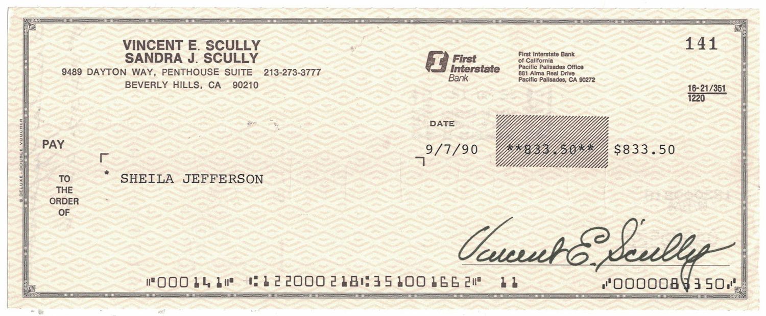 Vin Scully Signed 9/7/1990 First Interstate Bank Check