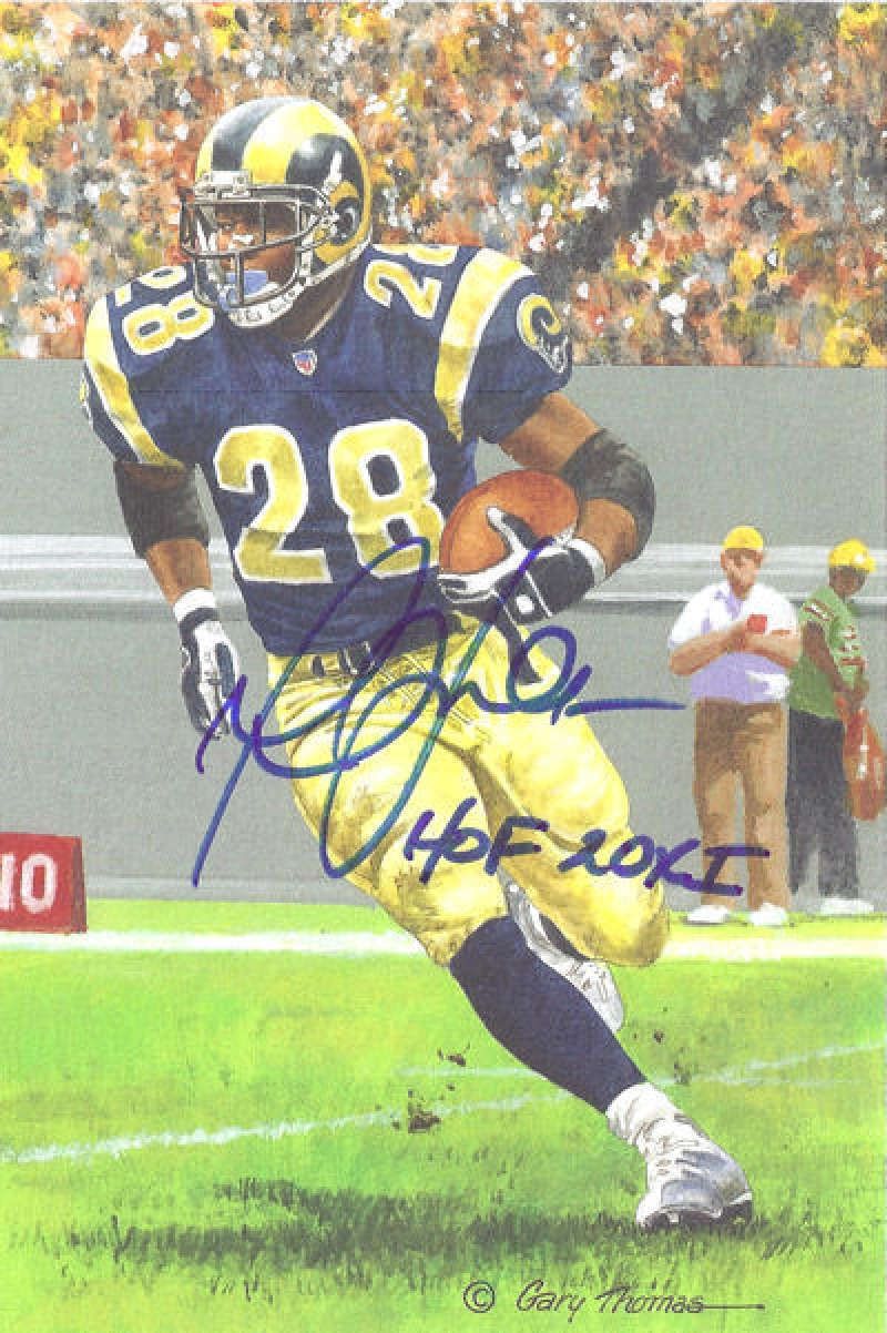 Marshall Faulk Autographed St Louis Rams Goal Line Art Blue w/HOF 20XI