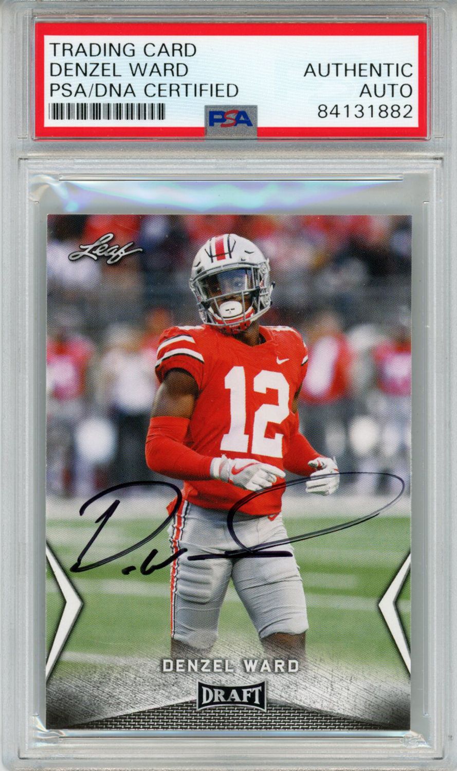 Denzel Ward Autographed/Signed 2018 Leaf Draft #17 Trading Card PSA Slab