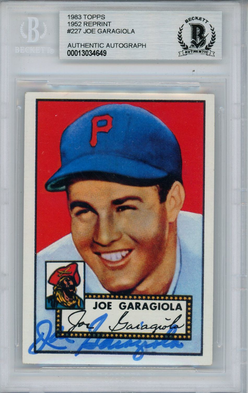 Joe Garagiola Autographed 1983 Topps 1952 Reprint #227 Card Beckett Slab