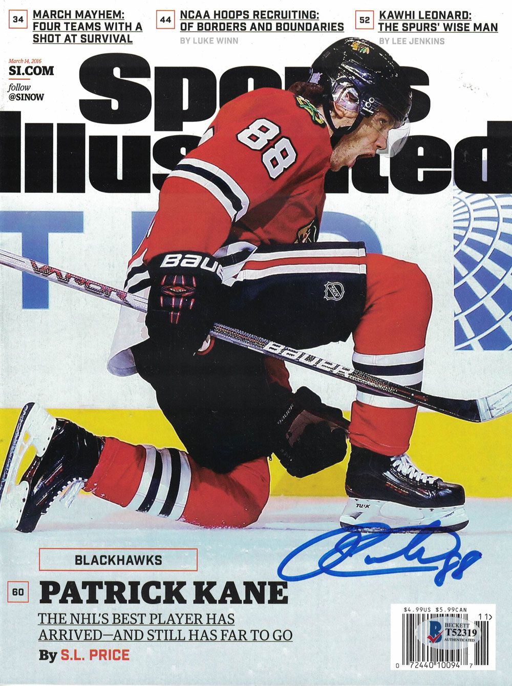 Patrick Kane Signed Chicago Blackhawks 2016 Sports Illustrated Magazine BAS