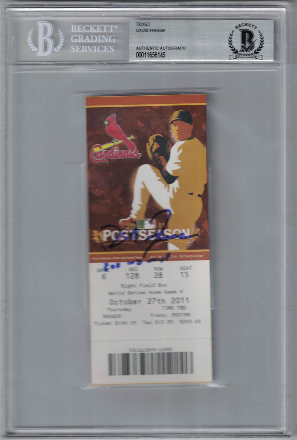 David Freese Autographed 2011 World Series Game 7 Ticket WS MVP BAS Slab