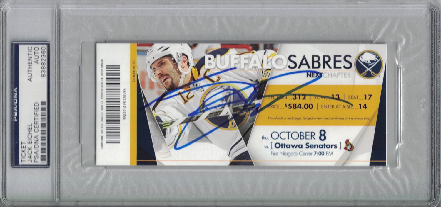 Jack Eichel Autographed/Signed Buffalo Sabres NHL Debut Ticket PSA Slab