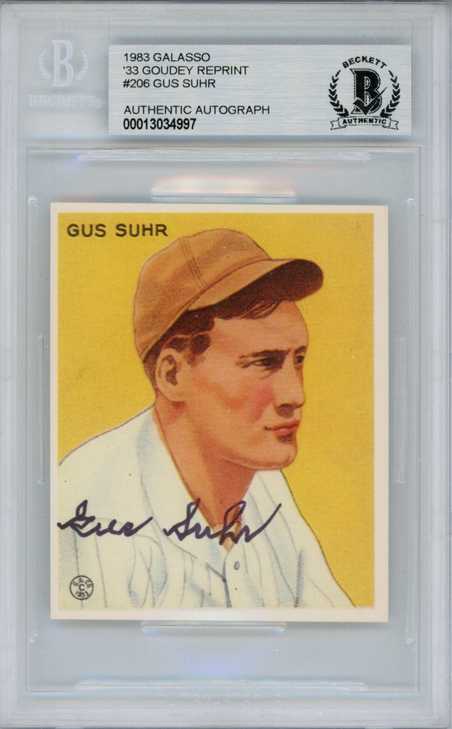 Gus Suhr Signed 1983 Galasso &#39;33 Goudey Reprint #206 Card Beckett Slab